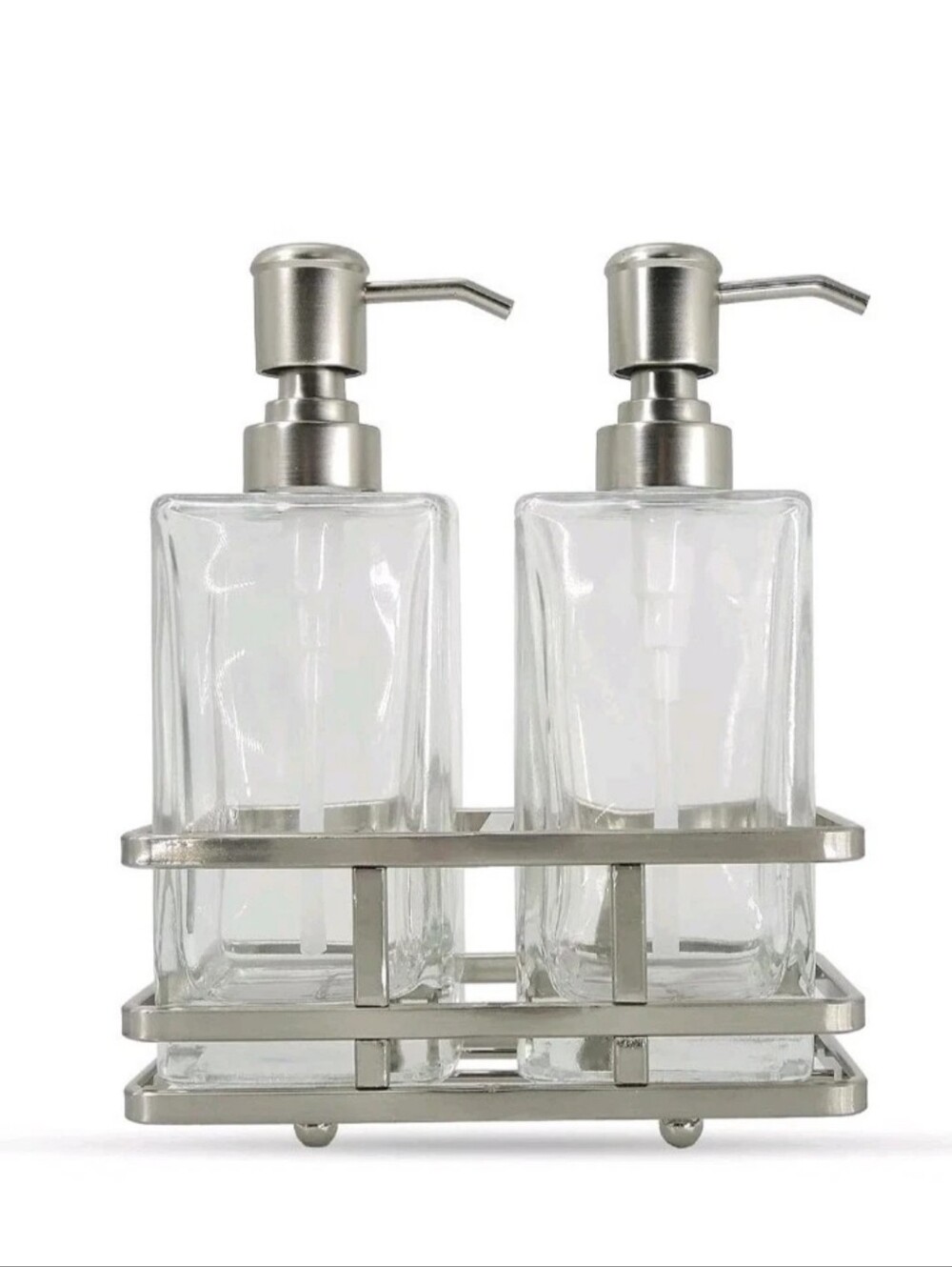 3 Piece Glass Bathroom Accessory Set Soap Dispenser Lotion Pump Satin Nickel NEW